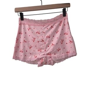 SHEIN Pink Bow Print Lace Trim Sleep Shorts Medium